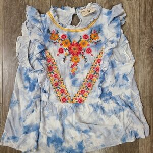 Savanna Jane Blue and White tie dye embroidered floral flutter sleeve tank sz 1x